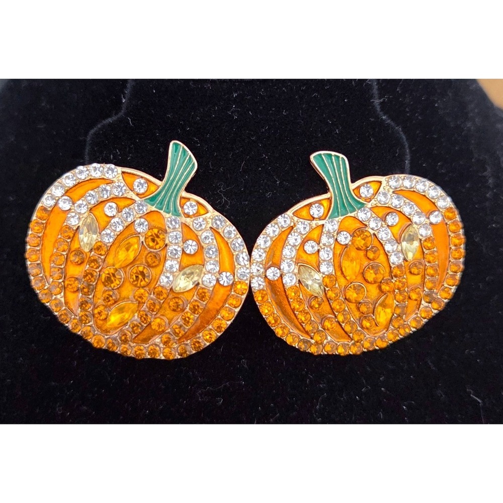 Orange Pumpkin Rhinestone Enamel Stud Earrings Gold Tone Fall Halloween Jewelery